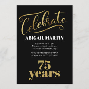 Invitation Black Gold White 75e fête d'anniversaire