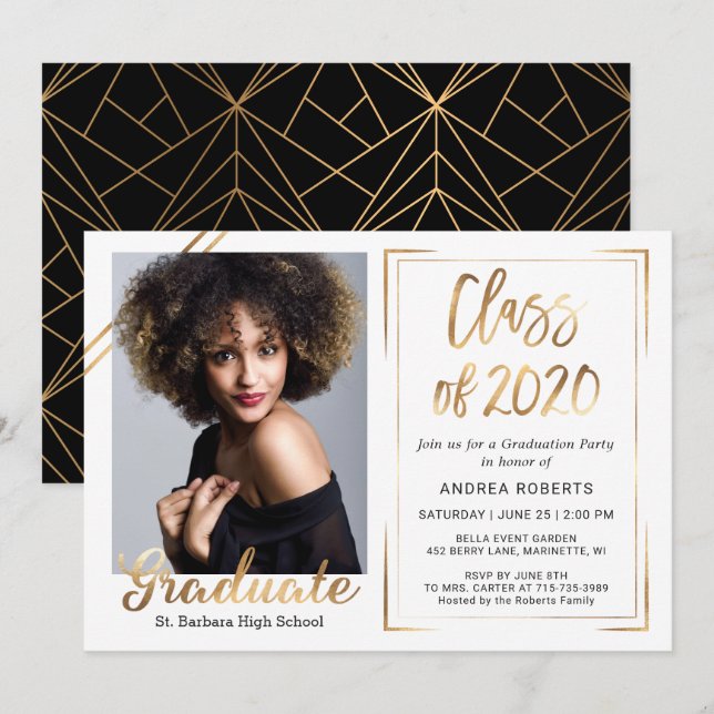 Invitation Black Gold White Class of 2020 Photo Graduation (Devant / Derrière)