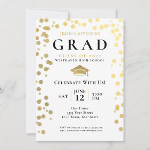 Invitation Black Gold White Confetti Photo Graduation Party I