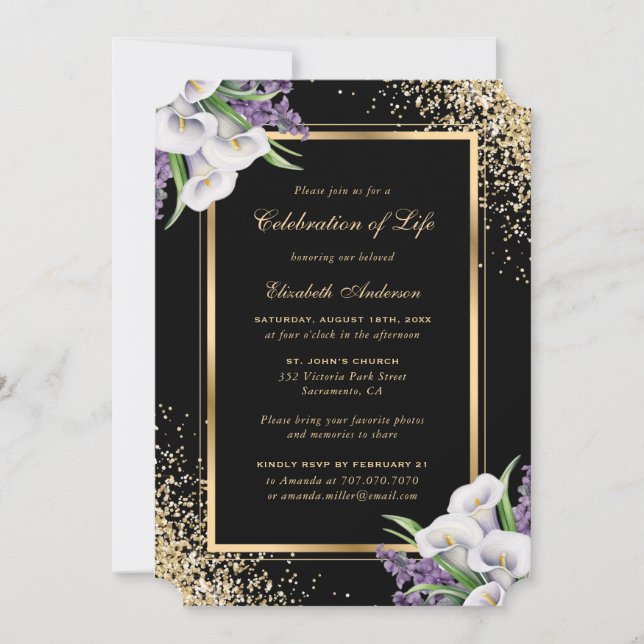 Invitation Black Gold White Floral Photo Célébration de la vi (Devant)
