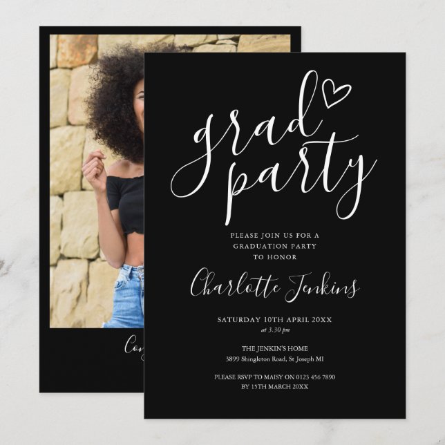Invitation Black Grad Party Script Photo Graduation Party (Devant / Derrière)