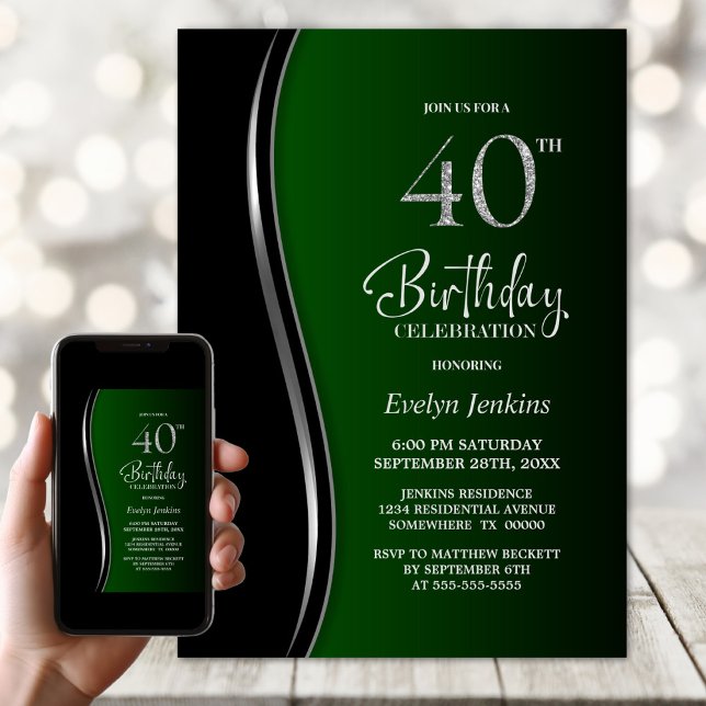 Invitation Black Green 40e fête d'anniversaire (Créateur téléchargé)