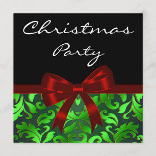 Invitation Black Green Damask Red Bow Christmas Party