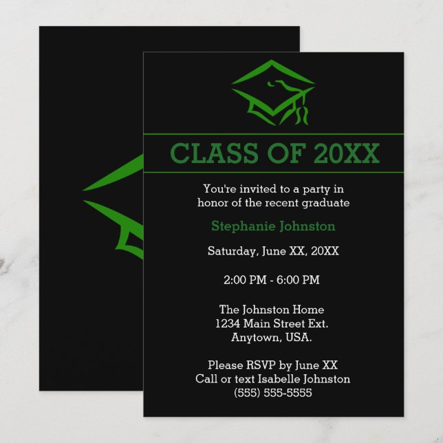 Invitation Black Green Mortarboard Simple Graduation Party (Devant / Derrière)