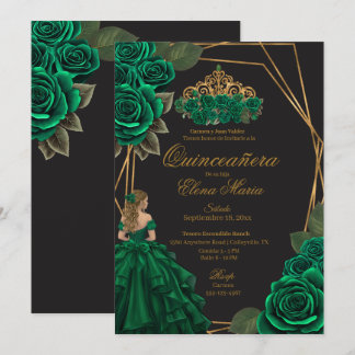 Invitation Black Green Rose Gold Princesse Quinceañera