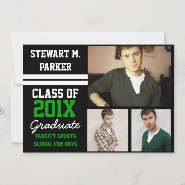 Invitation Black/Green Sporty Boys 3 Photo Graduation (Devant)