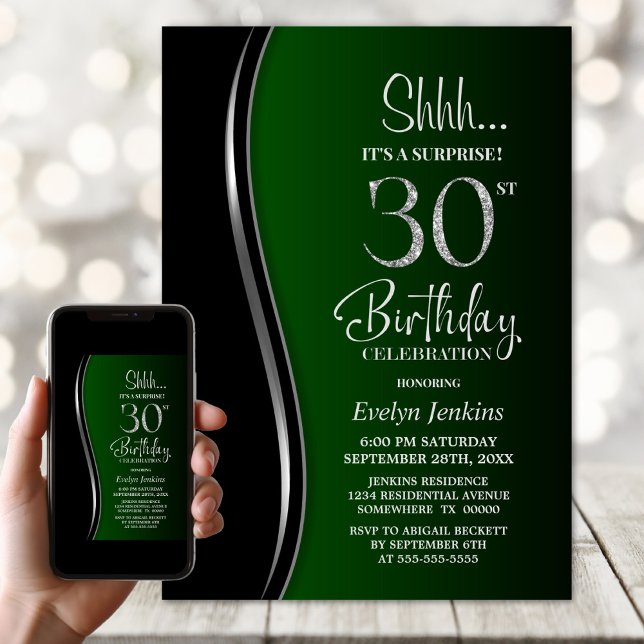 Invitation Black Green Surprise 30e anniversaire (Créateur téléchargé)