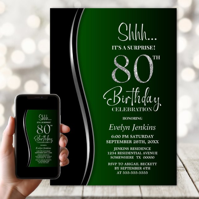 Invitation Black Green Surprise 80e anniversaire (Créateur téléchargé)