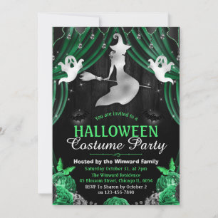 Invitation Black & Green Witch & Shimmer Rideaux Halloween