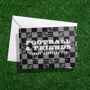 Invitation Black Grey Checkboard Football Game Watch Party