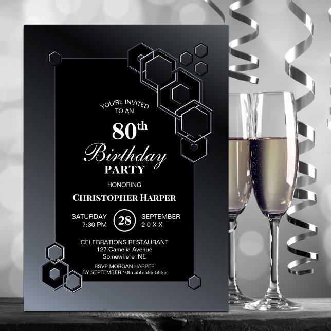 Invitation Black Grey Géométrique 80e anniversaire (Créateur téléchargé)