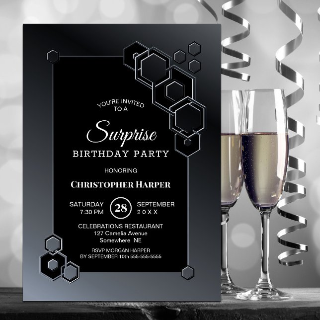 Invitation Black Grey Géométrique Surprise fête d'anniversair (Créateur téléchargé)