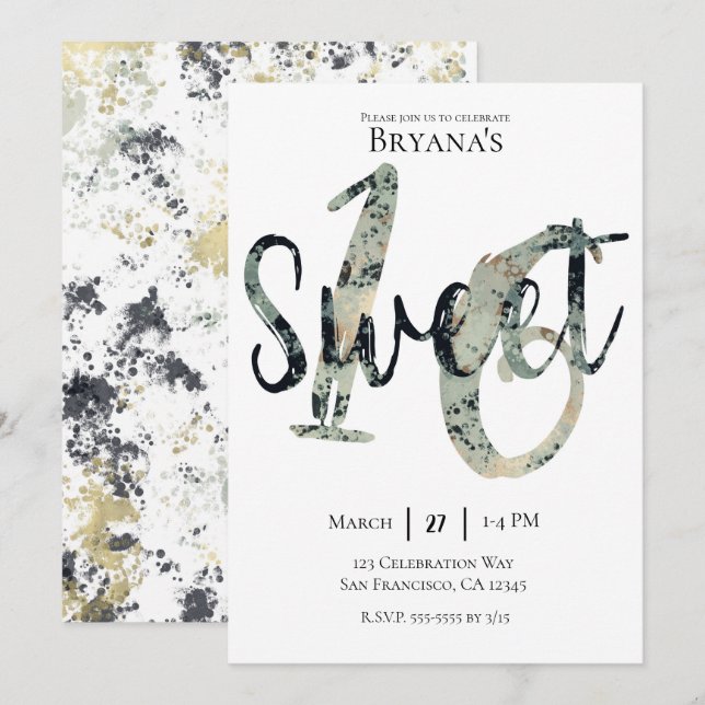 Invitation Black Grey Gold Moderne Sweet 16 Anniversaire (Devant / Derrière)
