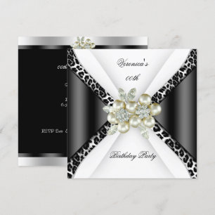 Invitation Black Grey White Leopard Pearl fête d'anniversaire
