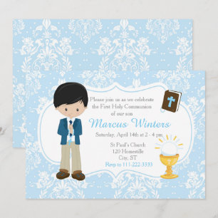 Invitation Black Hair Boy First Communion Damask
