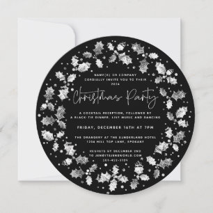 Invitation Black Hand Printed Holly+Berries Noël