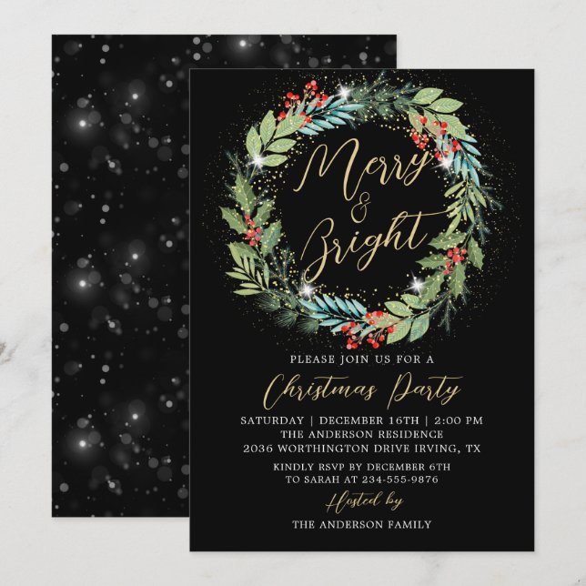 Invitation Black Holly Berries moderne Fête de Noël de la cou (Devant / Derrière)