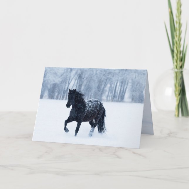 Invitation Black Horse in the Snow Greeting Card (Devant)