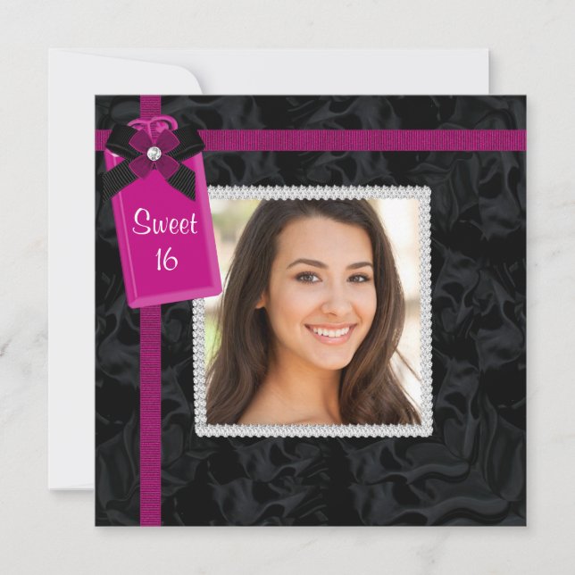 Invitation Black Hot rose Photo Sweet 16 Anniversaire fête (Devant)