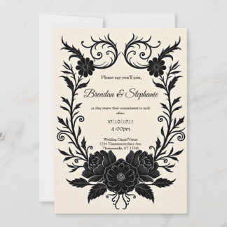 Invitation Black Ink Floral Vintage Goth Wedding