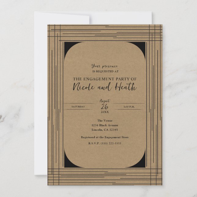 Invitation Black Kraft Minimal Modern Lines Partie d'engageme (Devant)