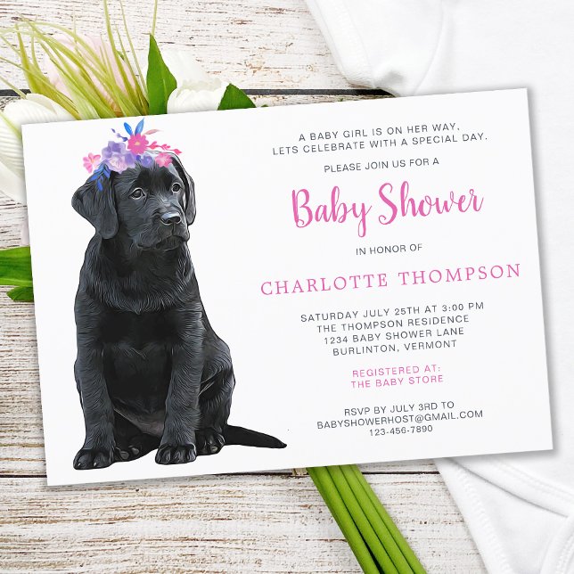 Invitation Black Labrador Retriever Baby shower Rose Girl (Créateur téléchargé)