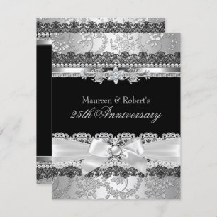 Invitation Black Lace & Silver Pearl Bow 25e anniversaire