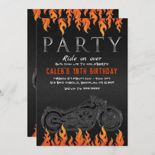 Invitation Black Leather Orange Flames Motorcycle Bière Party
