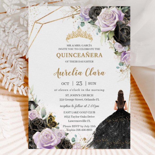 Invitation Black Lilac Roses Floral Quinceañera Sweet sixteen (Créateur téléchargé)