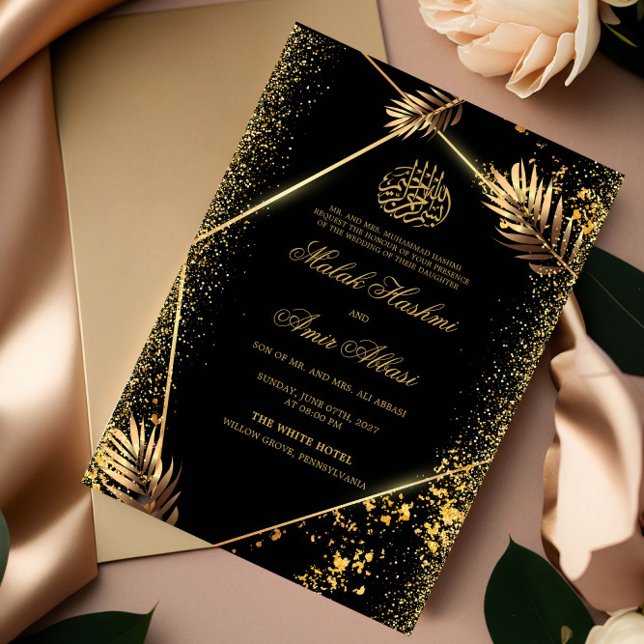 Invitation Black Luxury Gold Feuille musulman musulman Mariag (Créateur téléchargé)
