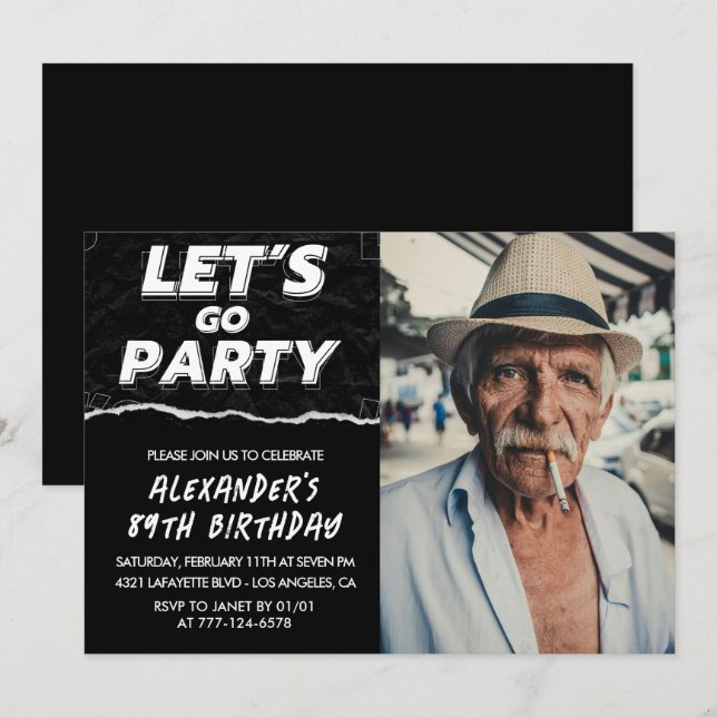 Invitation Black Men Photo LET'S GO PARTY 89e anniversaire (Devant / Derrière)