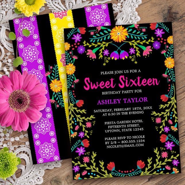 Invitation Black Mexicaine Fiesta Folk Art Floral Sweet sixte (Sweet 16 invitation from my Mexican Fiesta Floral collection
)