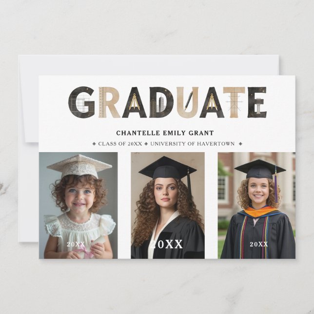 Invitation Black Modern Architecture Grad 3-Photo Timeline (Devant)