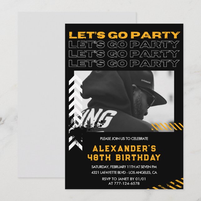 Invitation Black Modern Men Photo 48e anniversaire (Devant / Derrière)