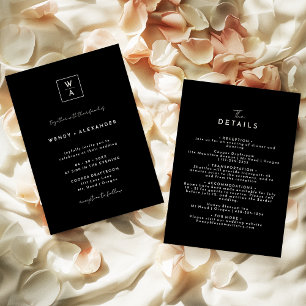 Invitation Black Modern Script Monogram Crest Détails du Mari