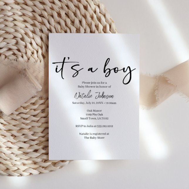 Invitation Black Modern Simple Script Boy Baby Shower (Créateur téléchargé)