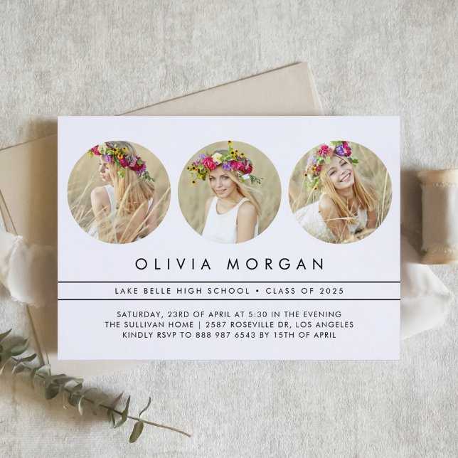 Invitation Black Modern Trois Photo Collage Graduation (Customizable three-photo collage graduation invitation. )