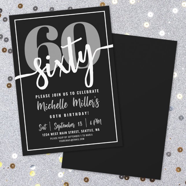 Invitation Black moderne 60e fête d'anniversaire (Modern Black 60th Birthday Party Invitation)