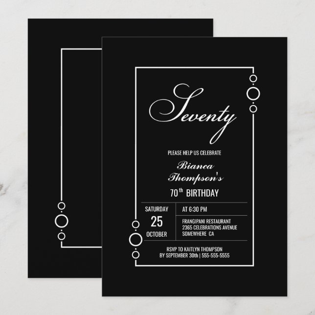 Invitation Black moderne 70th Birthday Party (Devant / Derrière)