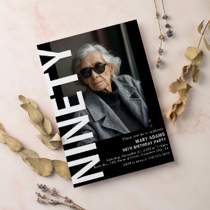Invitation Black moderne NINETY Photo 90th Birthday Party