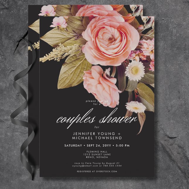 Invitation Black Moody Rose Blush Blooms Couples Douche (Black Moody Pink Blush Blooms Couples Shower Invitation)