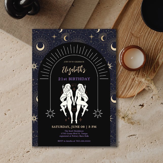 Invitation Black Mystic Gemini Zodiac 21e anniversaire (Black Mystic Gemini Zodiac 21st Birthday Invitation)