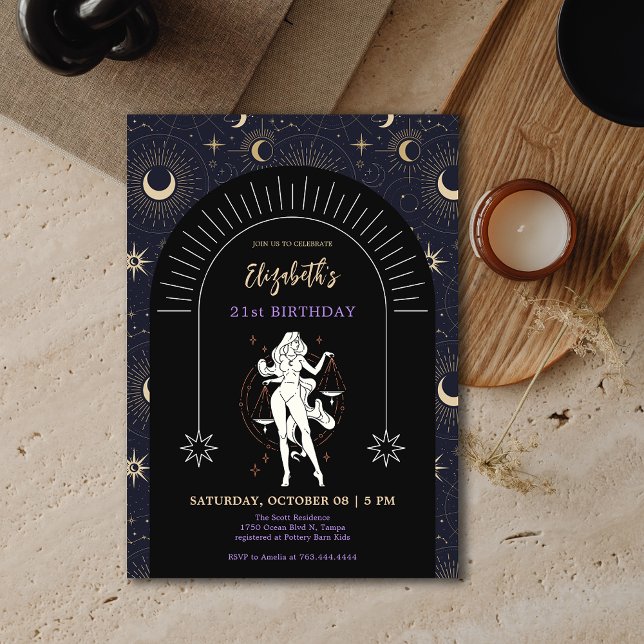 Invitation Black Mystic Libra Zodiac 21e anniversaire (Black Mystic Libra Zodiac 21st Birthday Invitation)