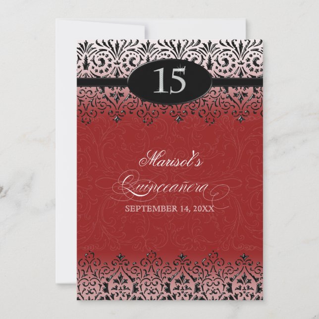 Invitation Black n White Lace Look Silver 15e Quinceanera (Devant)