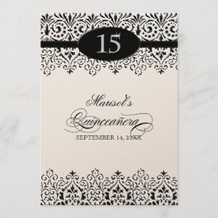 Invitation Black n White Lace Look Silver 15e Quinceanera