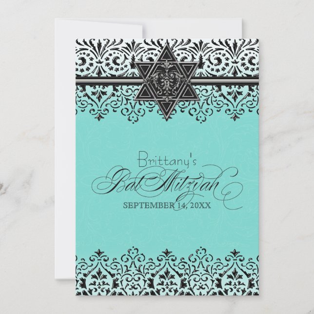 Invitation Black n White Lace Look Silver Bat mitzvah Invitat (Devant)