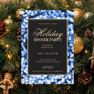 Invitation Black & Navy Blue Glam Lights Holiday Dinner Party