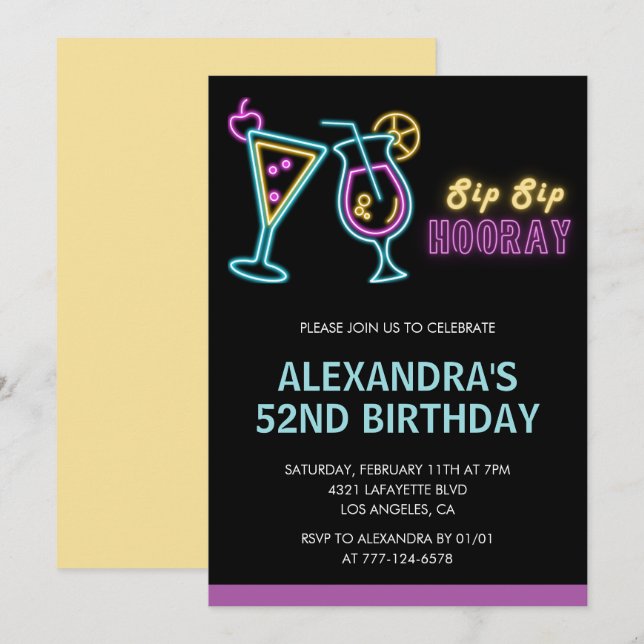 Invitation Black Neon Glow Cocktail Martini 52e anniversaire (Devant / Derrière)