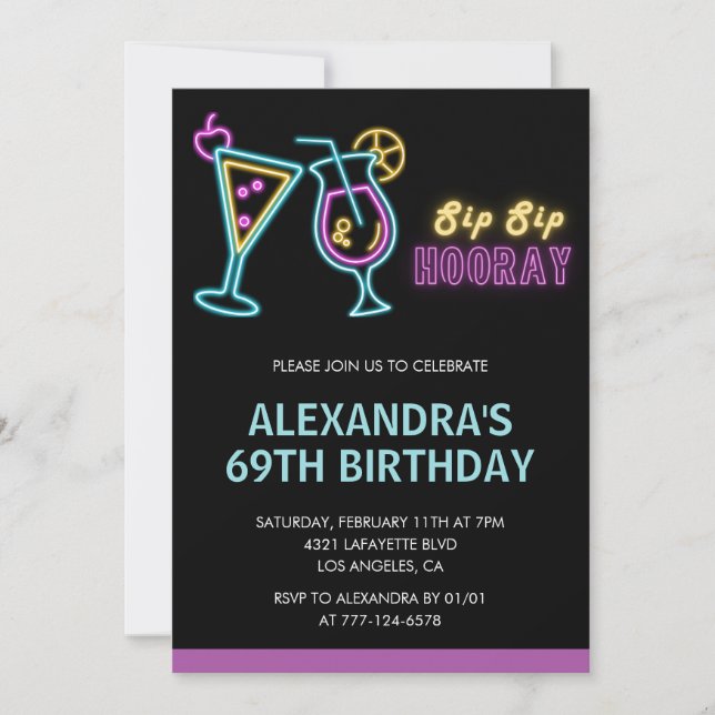 Invitation Black Neon Glow Cocktail Martini 69e anniversaire (Devant)