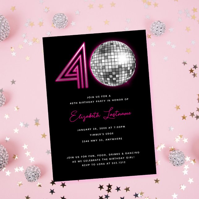 Invitation Black Neon Pink Disco Ball Quarante 40e anniversai (Créateur téléchargé)
